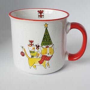 Christmas Cat Mug White Speckle Red Trim Large Ceramic Holidy Mug Prima Design